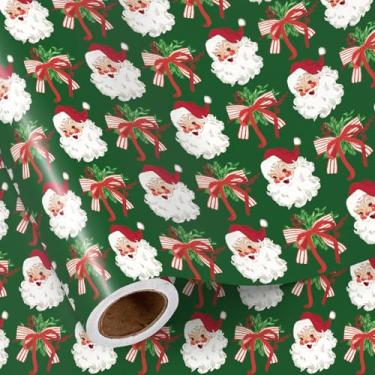 Imagem de RUSPEPA Rolo de papel de embrulho de Papai Noel para meninas, mini rolo, laço vermelho com flores de azevinho e rostos de Papai Noel, embalagem de presente verde vintage para presente de Natal, 43 cm