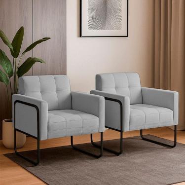 Imagem de Poltrona Sala Industrial Alta Tubo Preto Kit 2 Elisa Linho Cinza D03 - D`rossi