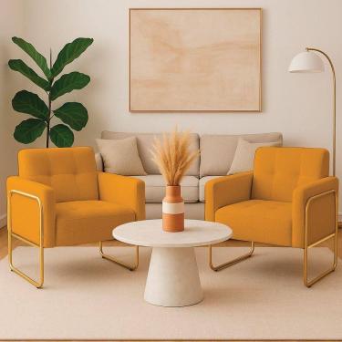 Imagem de Poltrona Sala Industrial Alta Tubo Dourado Kit 2 Elisa Bouclê D03 - D`rossi Cor Mostarda