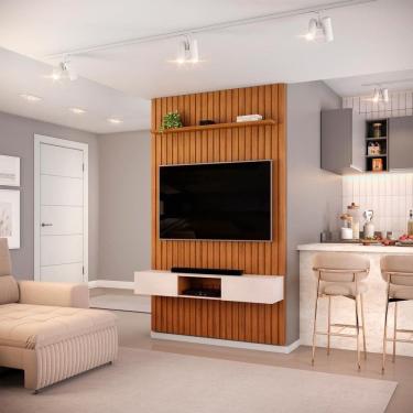 Imagem de Painel Ripado Com Bancada Suspensa Para Tv Até 60 Polegadas 143 Trento Freijó/off White - Dj Móveis