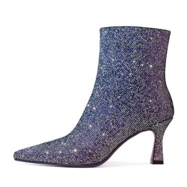 Imagem de Migpuel Botas femininas com glitter, bico fino, salto gatinho, lantejoulas brilhantes, botas no tornozelo, com zíper lateral, festa, casamento, formatura, outono, inverno, Fantasia cor azul, 37