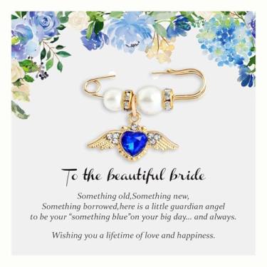 Imagem de Something Blue Gift for Bride - Pingente de coração azul com asas de anjo barroco para buquê de noiva, presentes de casamento cristão e presentes de chá de panela de mãe, irmã amiga, pino facilmente