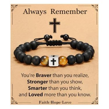 Imagem de Pulseira de cruz para homens, pulseira de contas cruzadas, joias cristãs, batismo, aniversário, Natal, presente cristão para adolescentes e homens, Adjustable, Ágata