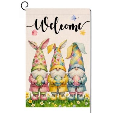 Imagem de BLKWHT Welcome Easter Gnomos Bandeira de jardim 30,5 x 45,7 cm vertical dupla face orelhas de coelho primavera fazenda férias decorações externas bandeira de jardim de serapilheira BW852