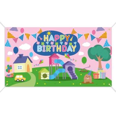 Imagem de Fundo Cartoon Happy Birthday, 180x100cm Fotografia Festa Aniversário Infantil Banner para Meninos Meninas Jardim Infância Creche Decorações Cabine Fotográfica Suprimentos Festa (Tema Rosa)