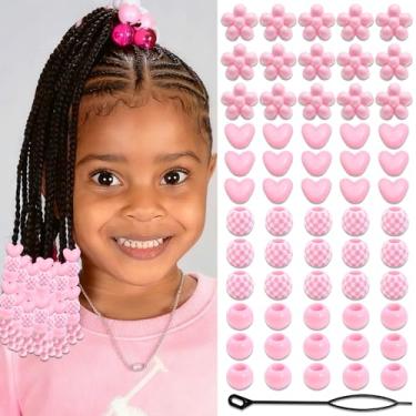 Imagem de NAISKA 60 peças de contas de cabelo rosa para crianças, meninas, joias de dreadlock, contas de coração para tranças, várias formas, contas de pônei, fofas, acessórios de dreadlock para mulheres