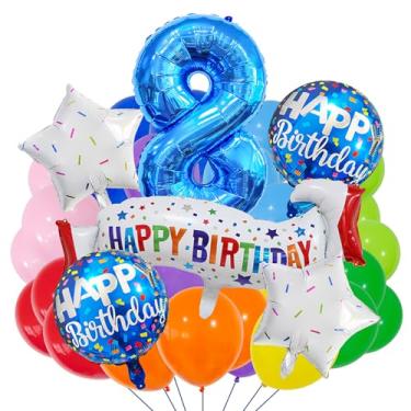 Imagem de Conjunto de suprimentos de aniversário azul para 8 anos, conjunto de decoração de 8 anos colorido balão de banner de feliz aniversário para meninas, meninos, crianças, adultos, decoração de festa de