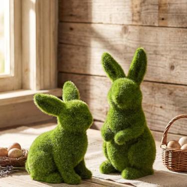 Imagem de Wesiti 2 Pcs Moss Bunny Decorative Figurines 5.91/8.86 Inches Faux Moss Flocked Resin Easter Bunny Decor Green Flocking Rabbit Sculpture for Spring Easter Table Garden Baskets Table Yard Decor
