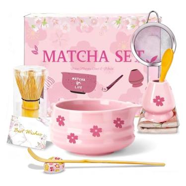 Imagem de Cinsenten Conjunto de 8 peças de cerâmica com tigela de batedor, suporte de kit de chá matcha, colher de bambu, peneira, toalha incluída, presente de aniversário e Natal para fazer lattes Matcha