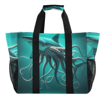 Imagem de ODAWA Bolsa de mercearia impermeável à prova de areia com garras de tubarão azul-petróleo para verão e piscina, bolsa lavável com bolsos, Garras de tubarão azul-petróleo, One Size