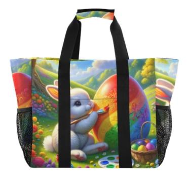 Imagem de ODAWA Bolsa feminina dobrável e resistente à água – Bolsas de praia portáteis com bolsos, ovos coloridos de coelho da Páscoa, Ovos coloridos de coelho de Páscoa, One Size