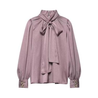 Imagem de Blusa De Seda Feminina De Manga Longa Com Gola Alta Para O Outono, Alm