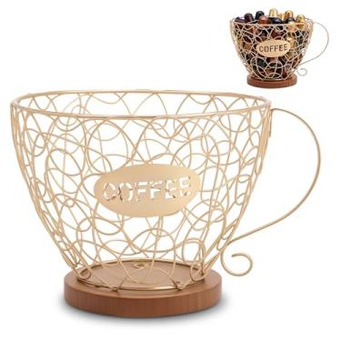 Imagem de Suporte de cápsulas de café, suporte de xícara K de grande capacidade com alça, cesta de cápsula de café rústica preta/dourada para casa, cozinha, escritório, café, bancada de hotel, acessórios de