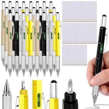 Imagem de 32 canetas de presente para homens 6 em 1 multitecnológicas com 40 refis de caneta esferográfica, chave de fenda, régua, medidor de nível e recargas de caneta para homens (ouro, preto, prata, amarelo, vermelho, verde, azul, cinza)