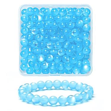 Imagem de 100 peças de contas de olho de gato lisas naturais azuis celeste de 8 mm, contas redondas soltas de pedra preciosa para fabricação de joias com cordão elástico de cristal (cor 18)