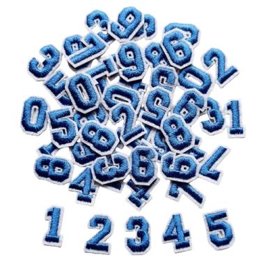 Imagem de Zlettery 50 peças de adesivos de números de ferro 1,8 cm, 5 conjuntos de 0 a 9 adesivos bordados com números pequenos para roupas, jaquetas, chapéus, mochilas, jeans, azul
