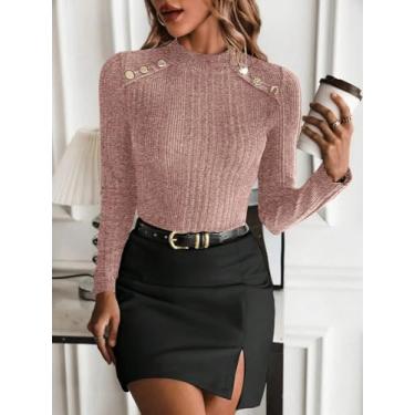 Imagem de Blusa feminina elástica com nervuras Dusty Rose – Blusa de manga comprida com botões e ombros e gola redonda, rosa, M