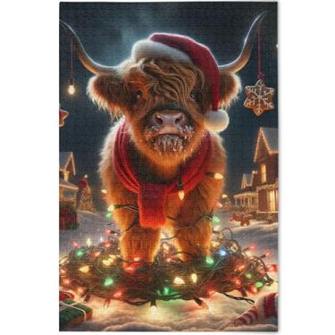 Imagem de Quebra-cabeça personalizado de animais de Natal vaca Highland 500 peças para adultos desenho animado arte animal único quebra-cabeça colorido jogo de presentes tecnológicos, 52 cm x 37,8 cm