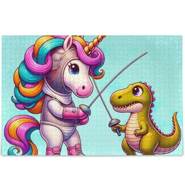 Imagem de Quebra-cabeça de dinossauro de unicórnio fofo 500 peças decoração de arte animal adulto cena natureza quebra-cabeça personalizado amigos família jogos presentes, 52 cm x 37,8 cm