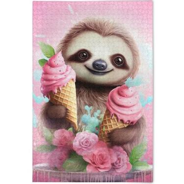 Imagem de Quebra-cabeça de sorvete de preguiça rosa fofo 500 peças para adultos, jogo de quebra-cabeça, presentes tecnológicos, divertido, presente, paisagem personalizada, arte animal, 52 x 37,8 cm