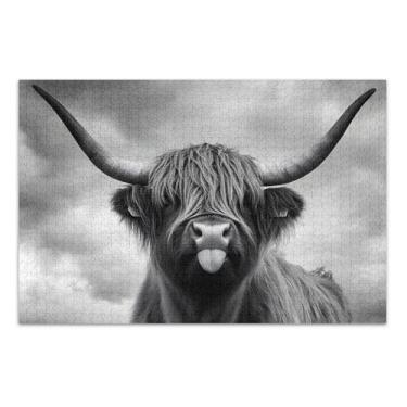 Imagem de Quebra-cabeça adulto monocromático vaca mística Highland 500 peças arte brinquedo pintura personalizada família divertido jogo de quebra-cabeça presentes tecnológicos, 20,5 x 14,9 polegadas