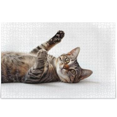 Imagem de Impressão de gato malhado 1000 peças quebra-cabeças para adultos decoração de arte pintura família quebra-cabeças divertidos personalizados presentes de jogo de quebra-cabeça engraçado, 75 x 50 cm