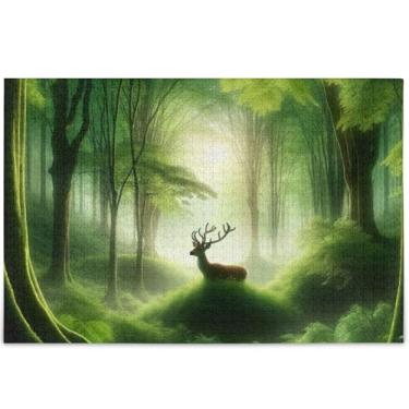 Imagem de Quebra-cabeça de veado verde floresta para adultos 1000 peças amigos família jogos presentes arte dura quebra-cabeça floral arte pintura, 75 cm x 50 cm