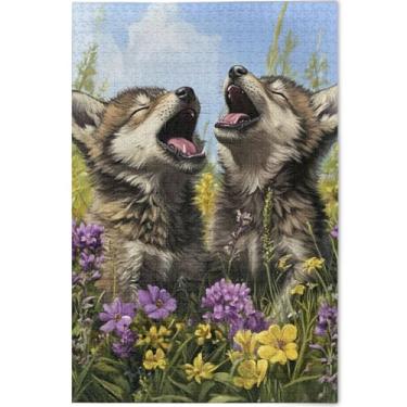 Imagem de Wolf Cubs uivando grama floral adultos 1000 peças quebra-cabeça impressão animal arte decoração única divertido brinquedo adulto personalizado engraçado jogo de quebra-cabeça, presentes, 75 x 50 cm