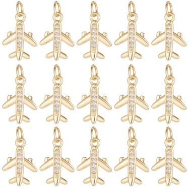 Imagem de SUNNYCLUE 1 caixa com 20 peças de pingentes de avião de latão banhado a ouro 18 K de verdade a granel de zircônia cúbica aeronave veículo de transporte aéreo pingentes para fazer joias, colar