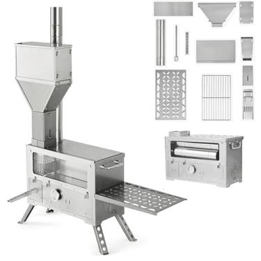 Imagem de Naturehike Fogão a lenha com forno para acampamento, fogão a pellets portátil com canos de chaminé para caminhadas, cozinha ao ar livre, acampamento de carro, pesca, com bolsa de armazenamento