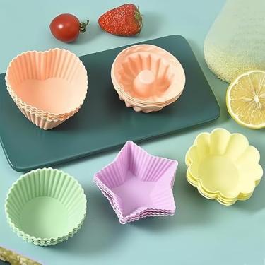 Imagem de 5 moldes de silicone para assar, mini cupcakes, forros de muffin, copos reutilizáveis para forno, fritadeira a ar, micro-ondas, máquina de lavar louça, 5 formas para estrelas redondas, coração, flores