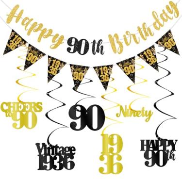 Imagem de Decorações de aniversário de 90 anos para homens, faixa dourada preta feliz 90º aniversário redemoinhos pendurados vintage 1936 kit de decorações para homens e mulheres, brinde a 90 artigos de festa