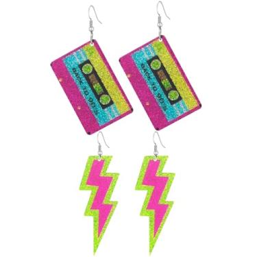 Imagem de Brincos de raio neon retrô anos 80 anos 90 acrílico pingente gota brilhante festa fantasia joias para mulheres, Medium, Metal, Sem pedra preciosa