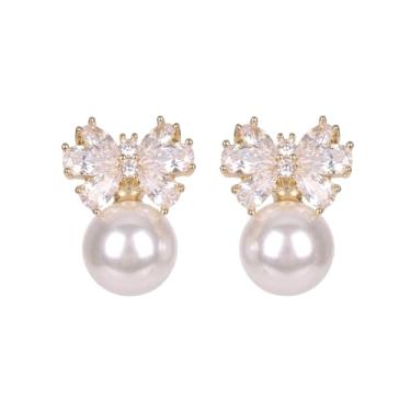 Imagem de Brincos de pérola para mulheres, brincos de pérola sintética de zircônia cúbica, design redondo de flor de lágrima com laço de borboleta, joia hipoalergênica elegante para uso diário e presentes