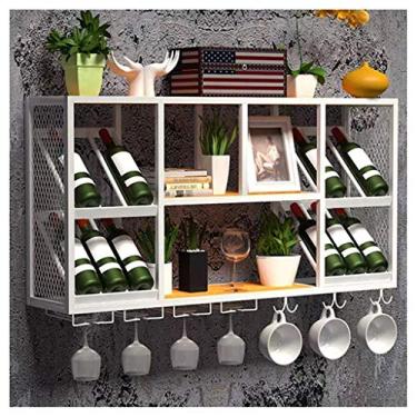 Imagem de Suporte para copos de vinho para pendurar em casa Suporte de metal industrial montado na parede de madeira suporte de garrafa de vinho branco (branco)