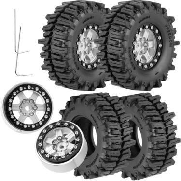 Imagem de RCHuiWow 1.3 Beadlock rc Wheels and Tires for 1/18 TRX4M,Ascent-18,1/24 SCX24,FCX24,1.3" Beadlock Alloy Aluminium Rims w/Rings & All Terrain Tires,Silver
