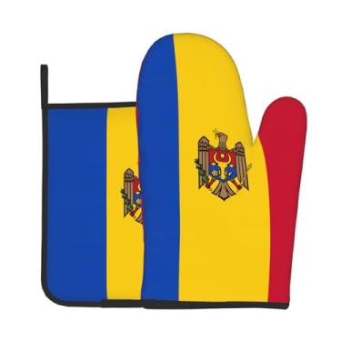 Imagem de Conjunto de 2 peças de luvas de forno estampadas com bandeira da Moldávia, adequado para cozinhar, assar e grelhar ao ar livre