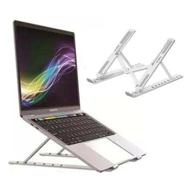 Imagem de Suporte para Notebook Articulado de Alumínio Ajustável | Base Ergonômica Dobrável para Laptop e Tablet | Elevador de Tela com Ventilação e Silicone Antiderrapante