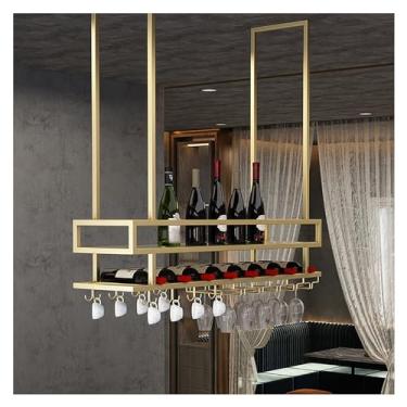 Imagem de Rack de teto para copos de vinho, prateleiras de vinho penduradas com suporte de vidro e prateleira, rack de vidro de vinho montado na parede, prateleira de vinho de ferro de metal industrial, suporte