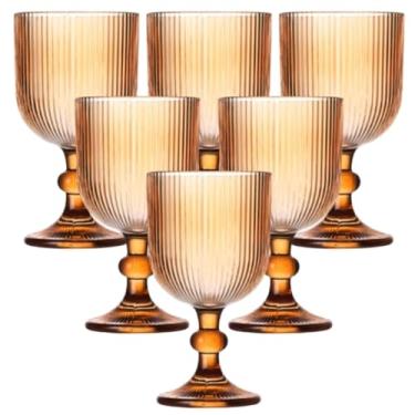 Imagem de Conjunto 6 Taças Vidro Ambar 390ml Canelada de Vinho Água Drinks Dourada Listrada Mesa Posta Buffet Restaurante Bar Jogo Vintage Coquetel Design Elegante Resistente