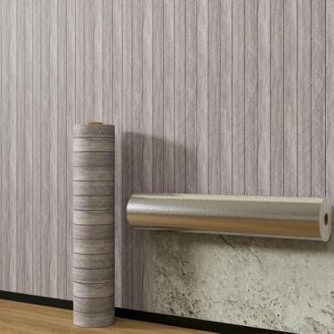 Imagem de Papel de parede 3D ranhurado grade de madeira papel de parede autoadesivo à prova d'água e à prova de umidade para sala de estar banheiro e cozinha renovação de parede cinza grão de madeira 40 * 300