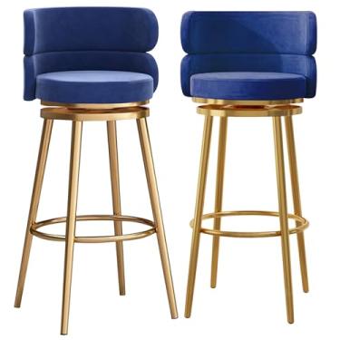 Imagem de Conjunto de bancos de bar estofados de veludo de 2,65 cm, banquetas giratórias com apoio para os pés e pernas de metal dourado, bancos de jantar estofados de café da manhã com encosto alto, azul