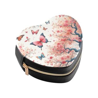 Imagem de Burbuja Caixa de joias em forma de coração com borboletas e árvores, mini estojo de viagem para mulheres e meninas, organizador portátil de armazenamento para brincos, anéis, colares e pulseiras