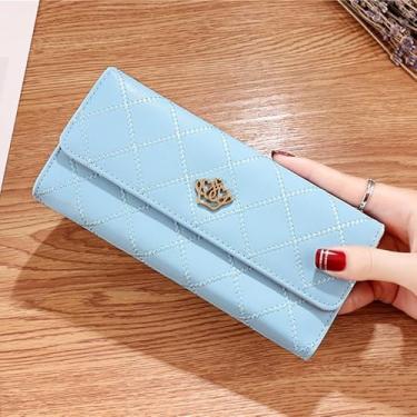 Imagem de Carteira feminina longa dobrável de couro com zíper e fivela para cartão e dinheiro para viagens, encontros e compras, Azul claro, Retrô