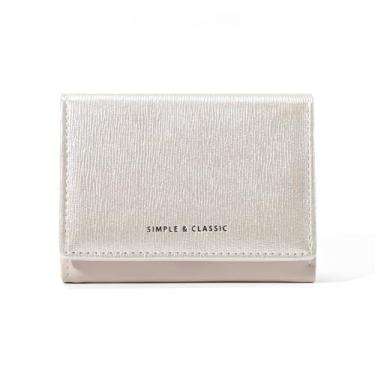 Imagem de Carteira feminina elegante de couro sintético com três dobras – porta-cartões compacto com 7 compartimentos para cartões, compartimento para fotos e compartimento para dinheiro, Bege