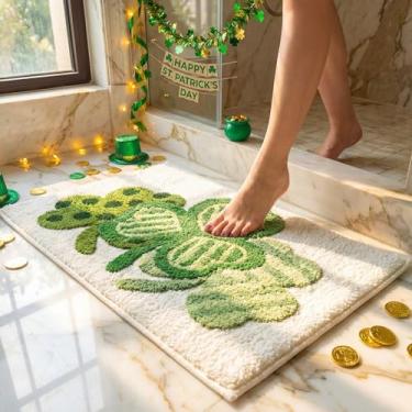 Imagem de Lyrow Tapete de banheiro do Dia de São Patrício com trevo de pelúcia 3D, tapete de banho absorvente antiderrapante para decoração de banheiro, tapete de chuveiro macio de trevo da sorte, presente