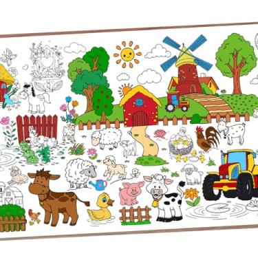 Imagem de Pôster de colorir gigante de animais de fazenda, 182 x 76 cm, pôster de colorir com tema de fazenda, toalha de mesa de papel para desenho de festa em casa, sala de aula, decoração de artigos de festa
