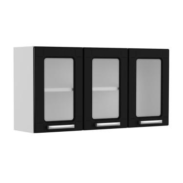 Imagem de Armário Aéreo Aço 3 Portas De Vidro Preto Múltipla Bertolini Preto/branco