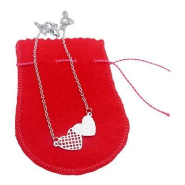 Imagem de Colar CHOKER FEMININO AÇO INOX 2 CORAÇÃES PRATA CORRENTE - ASA