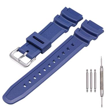 Imagem de MCXGL Pulseira de relógio de substituição de resina natural compatível com Casio W218H W-219H AE1200WH AE-1300WH W800H SGW-300H F-108WH Pulseira de borracha impermeável, Fivela prateada azul escuro,